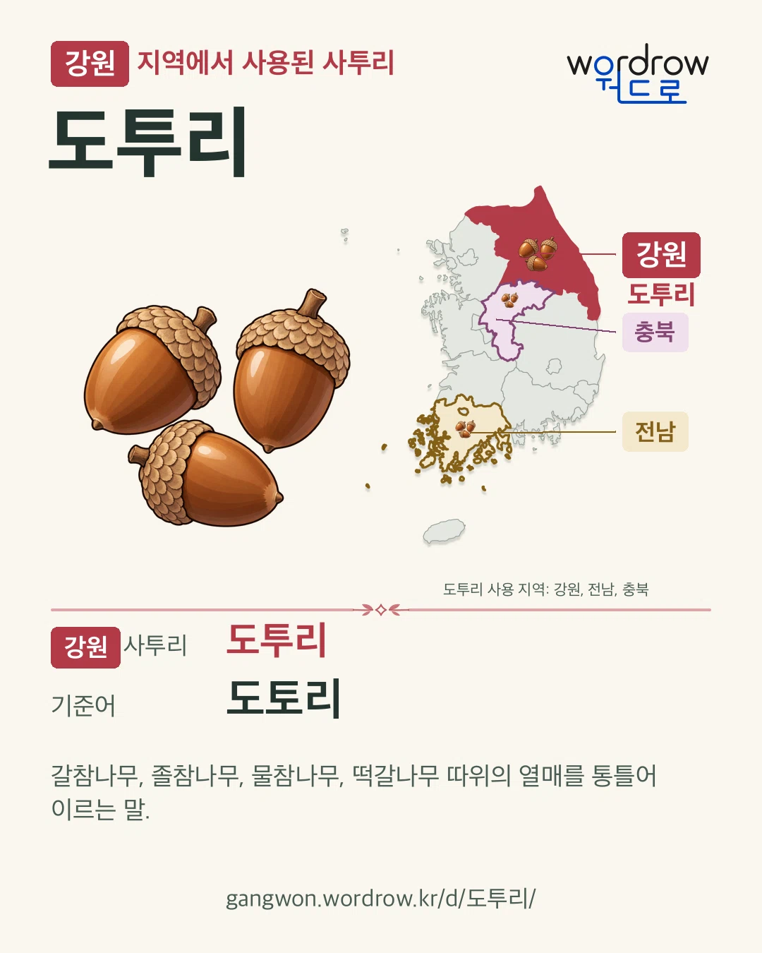 강원 지역에서 사용된 사투리 ‘도투리’. 기준어: 도토리. 기록 지역을 표시한 카툰 삽화와 지도 카드.