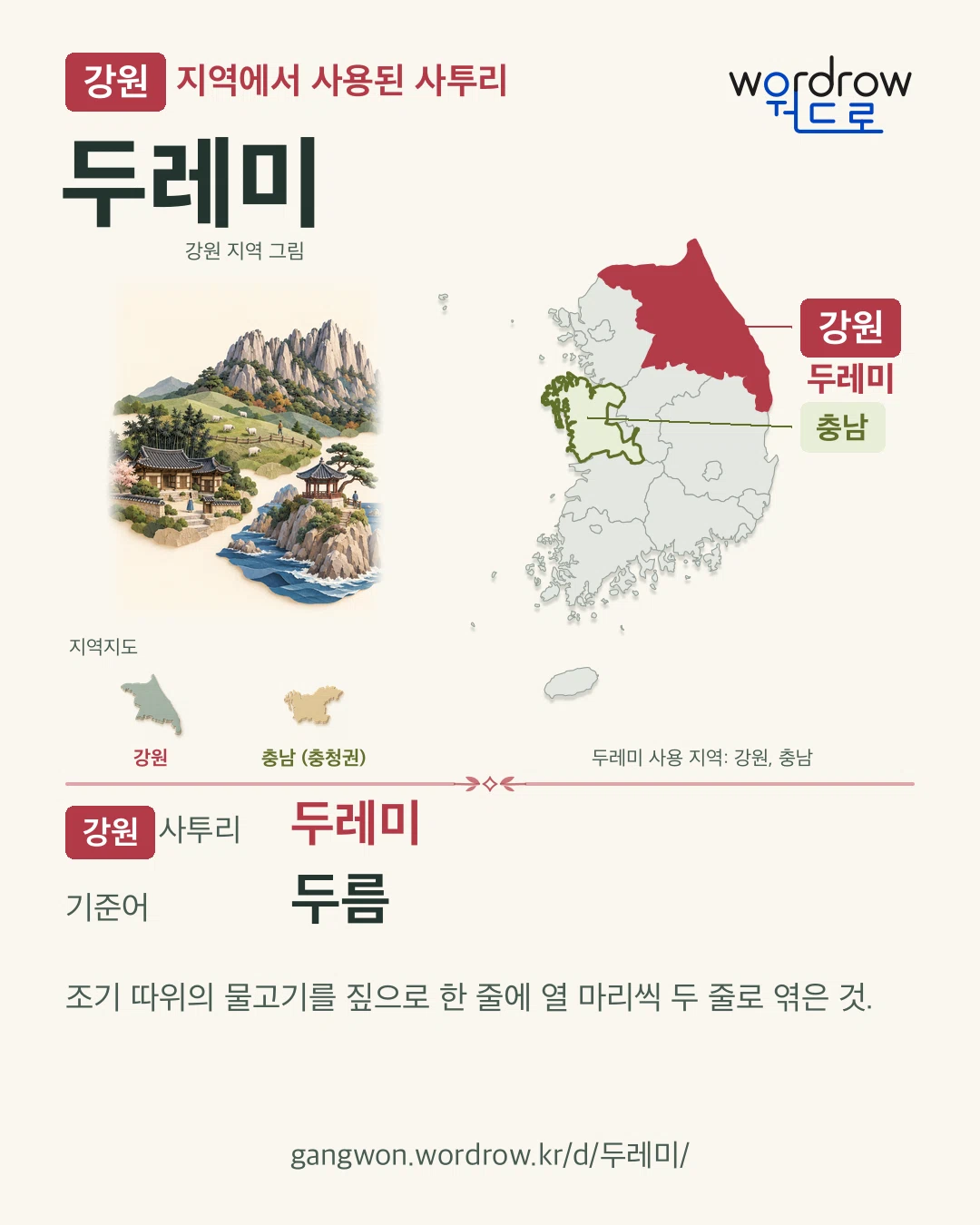 강원 지역에서 사용된 사투리 ‘두레미’. 기준어: 두름. 기록 지역을 표시한 지역 그림과 지도 카드.