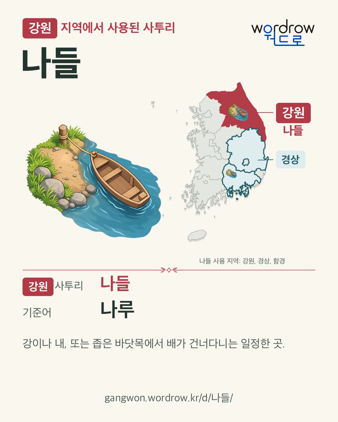강원 지역에서 사용된 사투리 ‘나들’. 기준어: 나루. 기록 지역을 표시한 카툰 삽화와 지도 카드.