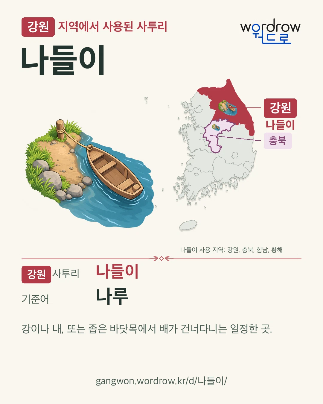 강원 지역에서 사용된 사투리 ‘나들이’. 기준어: 나루. 기록 지역을 표시한 카툰 삽화와 지도 카드.