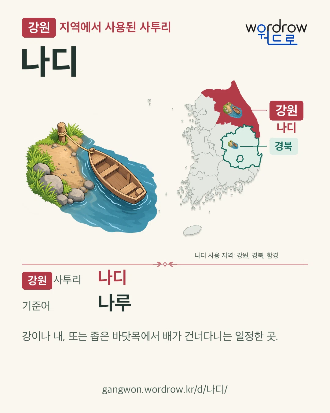 강원 지역에서 사용된 사투리 ‘나디’. 기준어: 나루. 기록 지역을 표시한 카툰 삽화와 지도 카드.