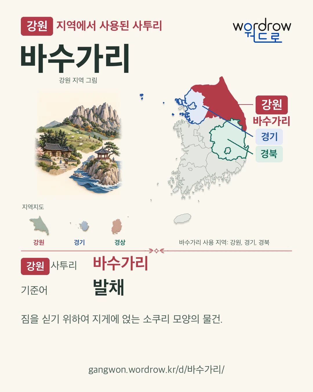 강원 지역에서 사용된 사투리 ‘바수가리’. 기준어: 발채. 기록 지역을 표시한 지역 그림과 지도 카드.