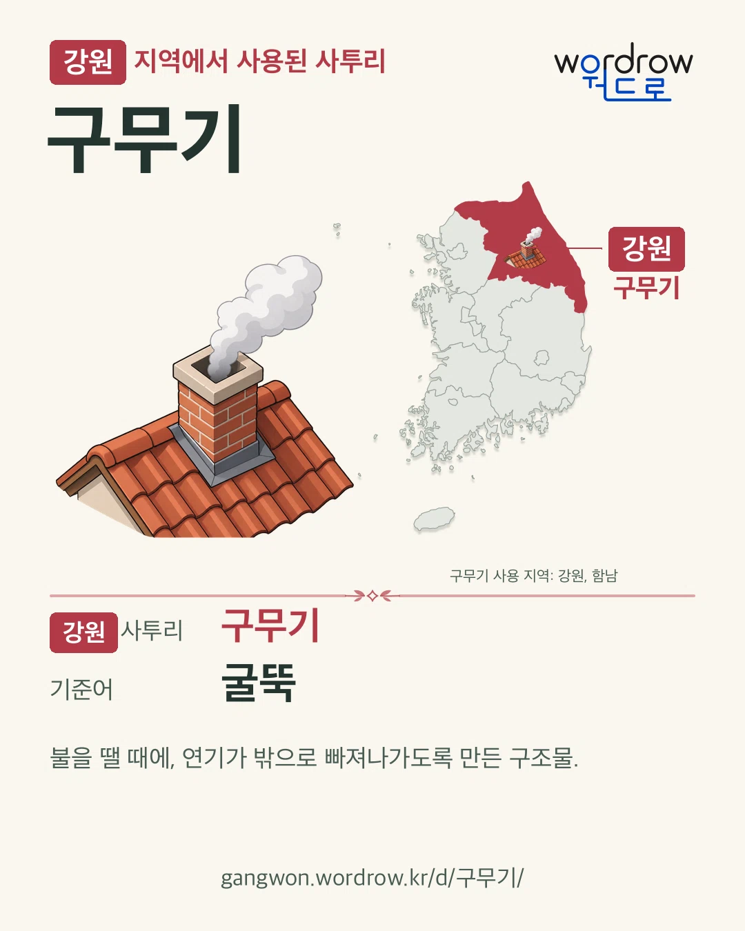 강원 지역에서 사용된 사투리 ‘구무기’. 기준어: 굴뚝. 기록 지역을 표시한 카툰 삽화와 지도 카드.