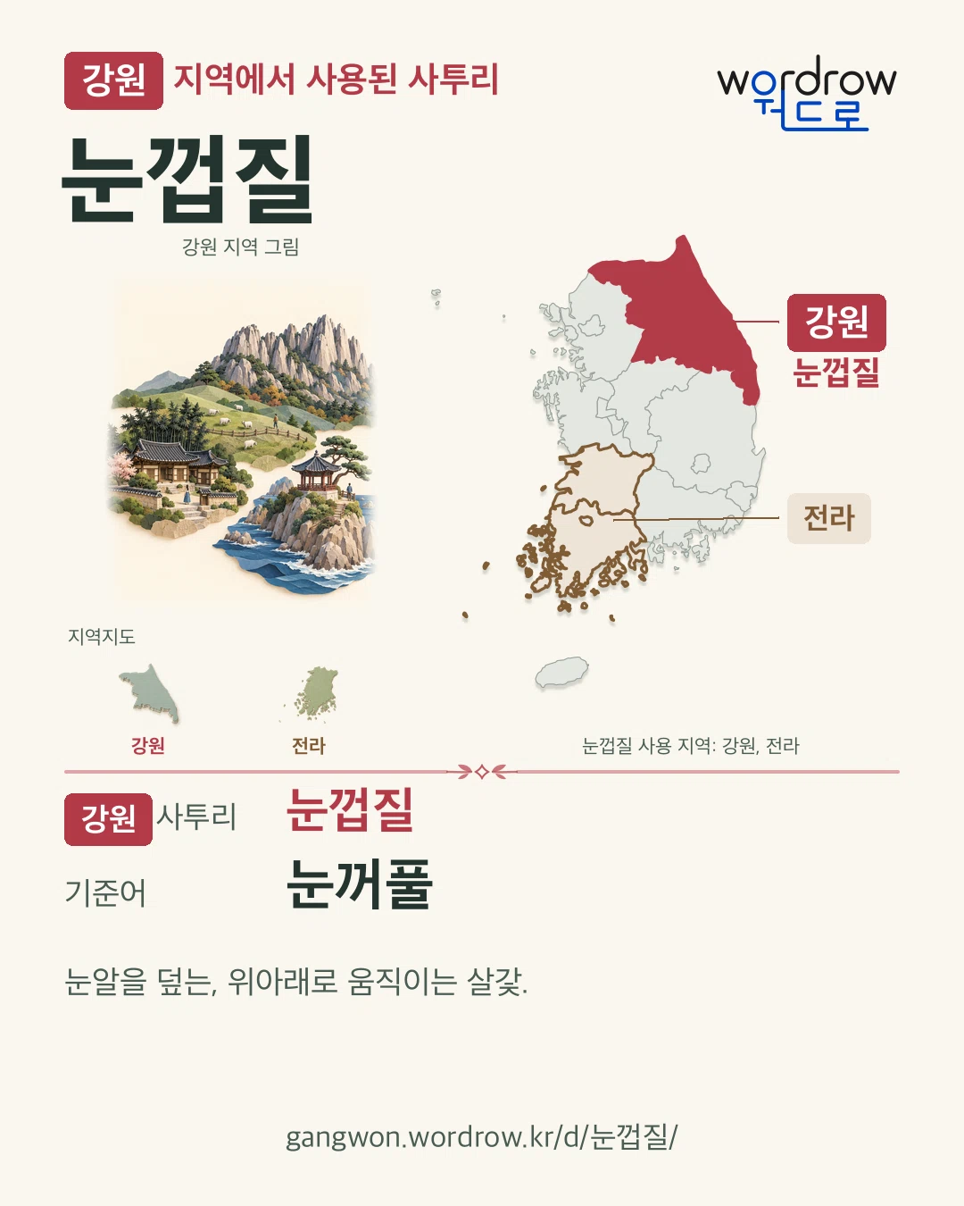 강원 지역에서 사용된 사투리 ‘눈껍질’. 기준어: 눈꺼풀. 기록 지역을 표시한 지역 그림과 지도 카드.