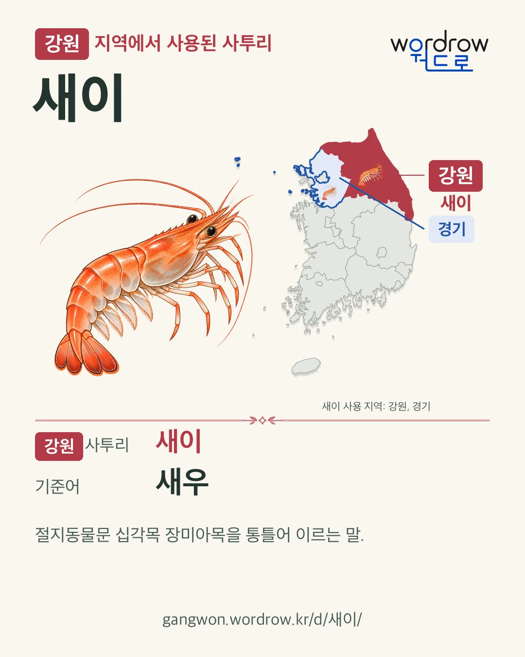 강원 지역에서 사용된 사투리 ‘새이’. 기준어: 새우. 기록 지역을 표시한 카툰 삽화와 지도 카드.