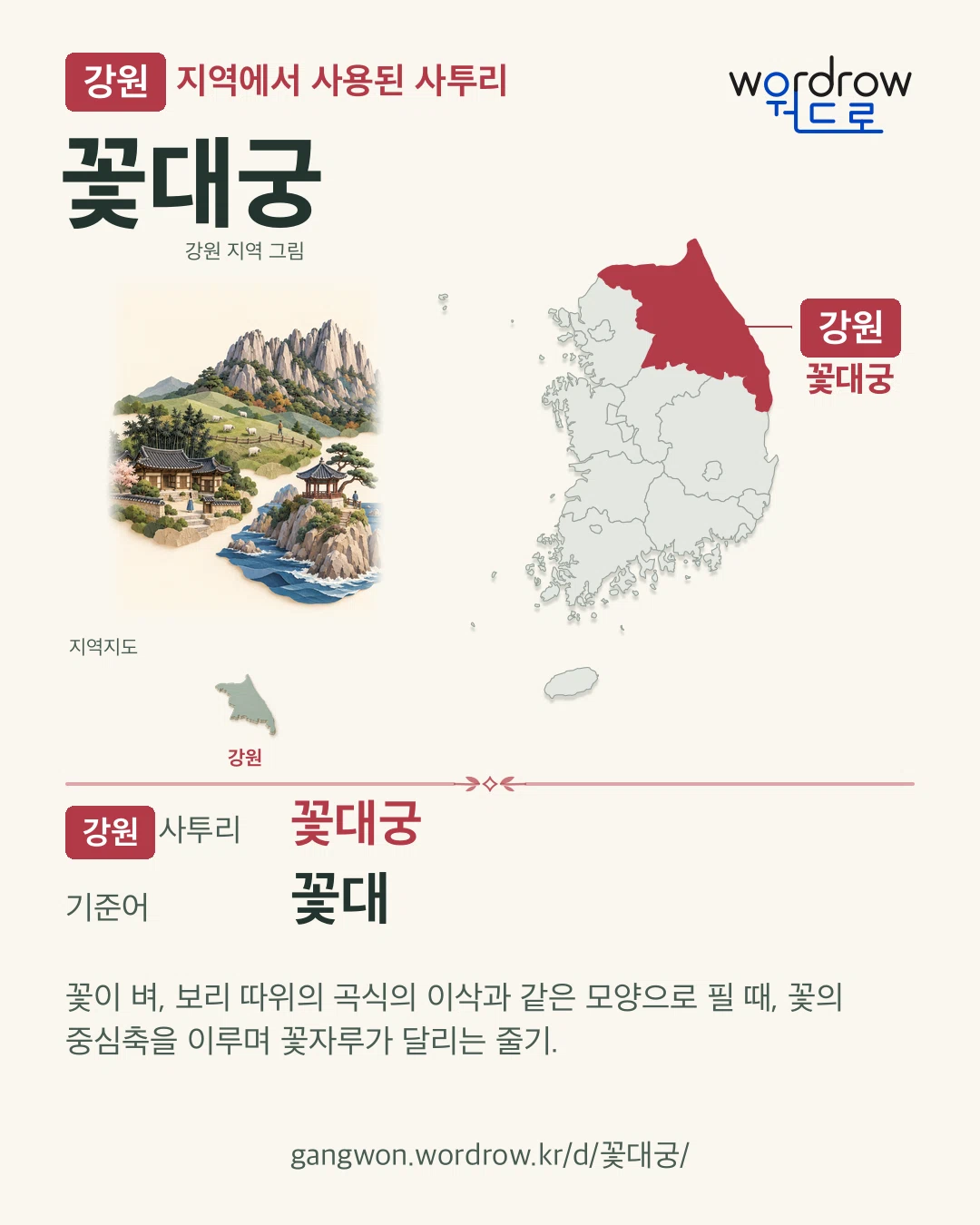 강원 지역에서 사용된 사투리 ‘꽃대궁’. 기준어: 꽃대. 기록 지역을 표시한 지역 그림과 지도 카드.