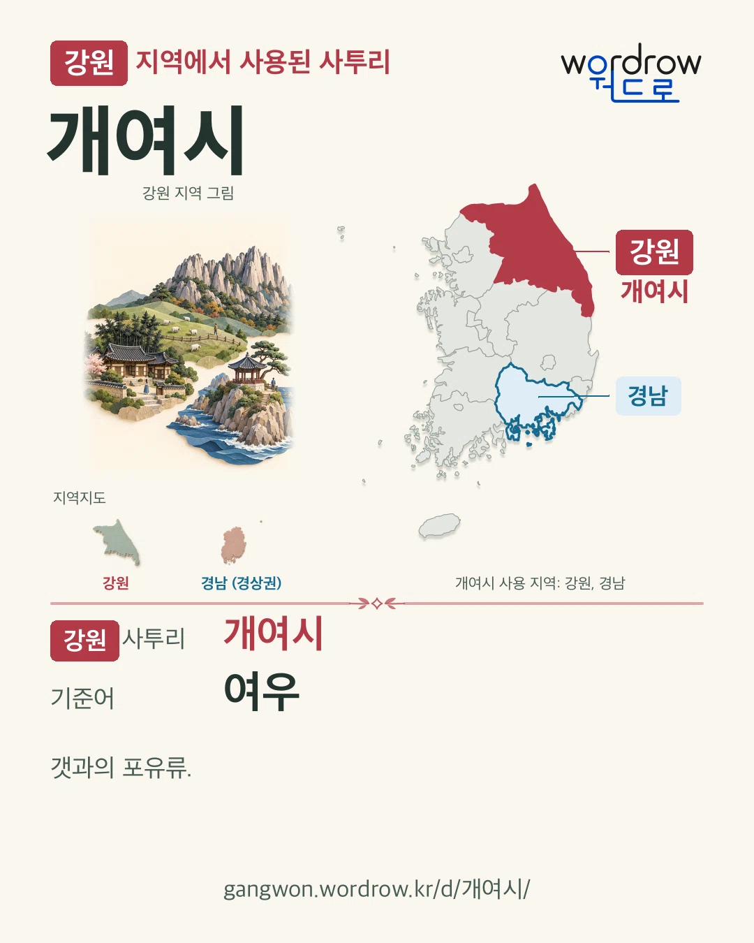 강원 지역에서 사용된 사투리 ‘개여시’. 기준어: 여우. 기록 지역을 표시한 지역 그림과 지도 카드.