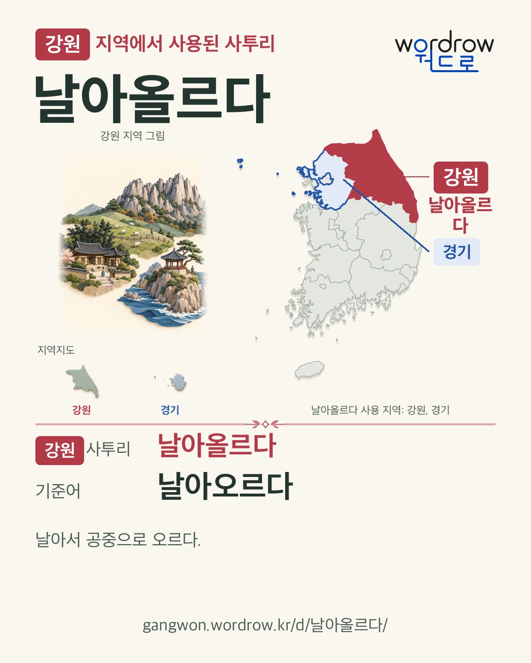 강원 지역에서 사용된 사투리 ‘날아올르다’. 기준어: 날아오르다. 기록 지역을 표시한 지역 그림과 지도 카드.