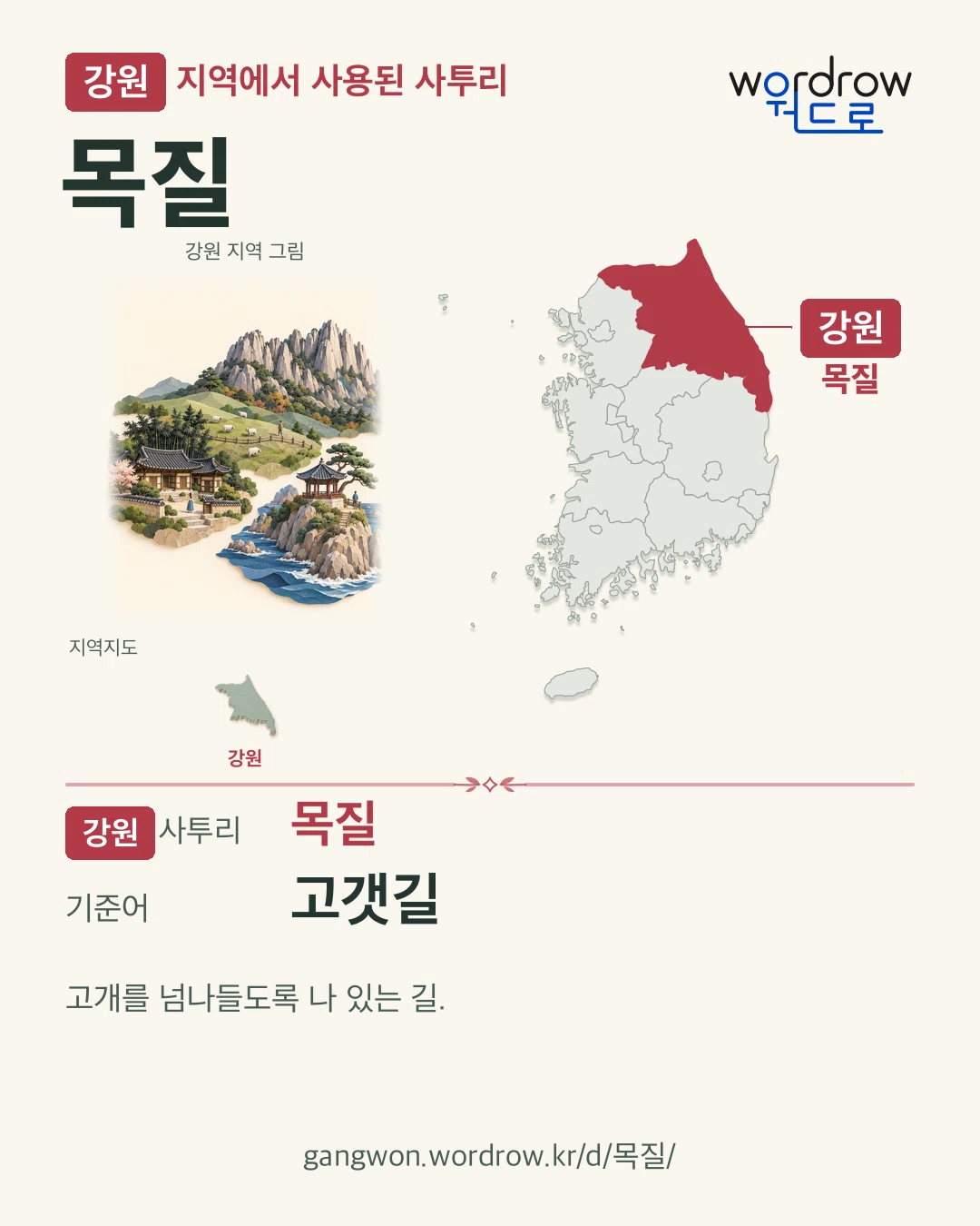 강원 지역에서 사용된 사투리 ‘목질’. 기준어: 고갯길. 기록 지역을 표시한 지역 그림과 지도 카드.