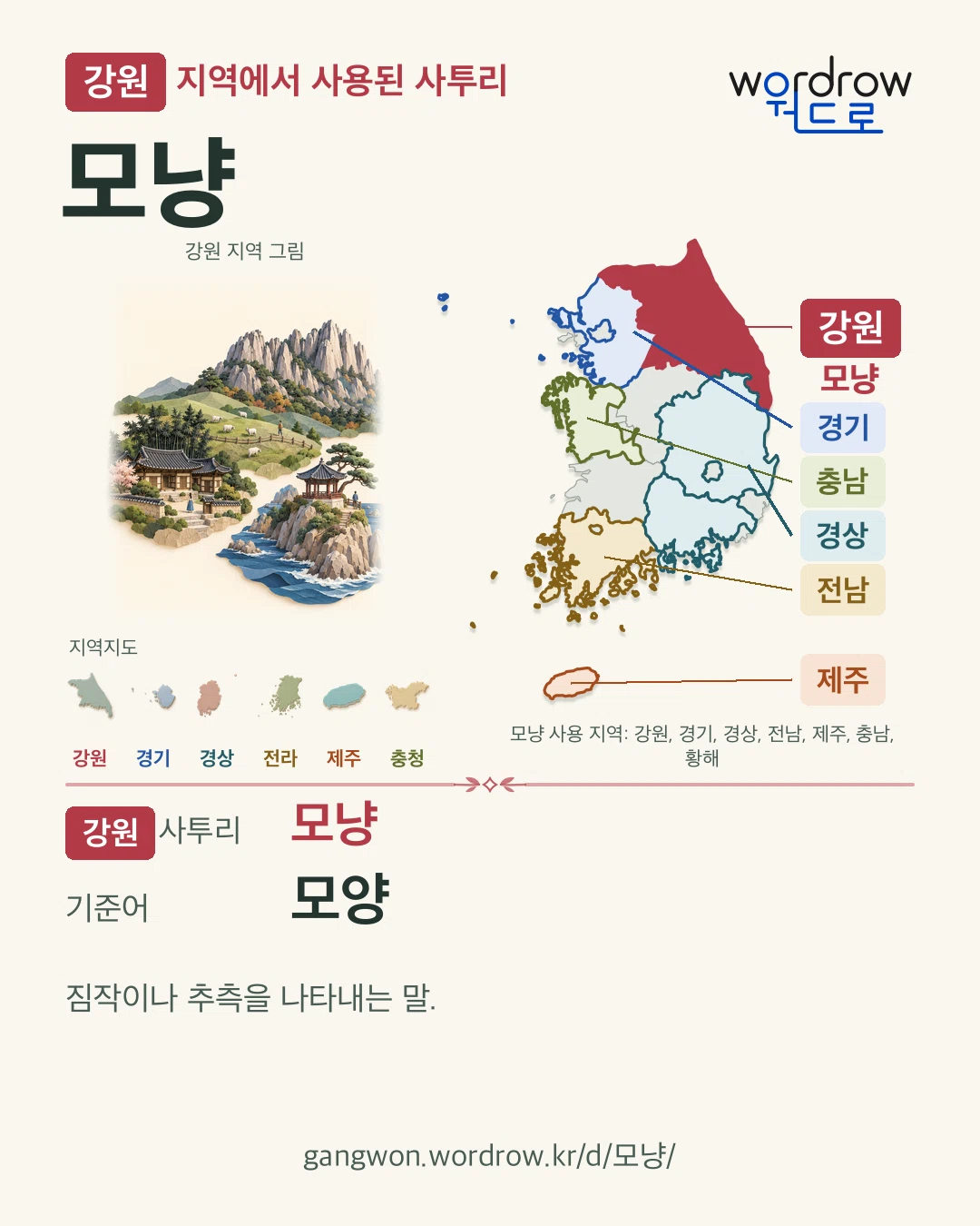 강원 지역에서 사용된 사투리 ‘모냥’. 기준어: 모양. 기록 지역을 표시한 지역 그림과 지도 카드.