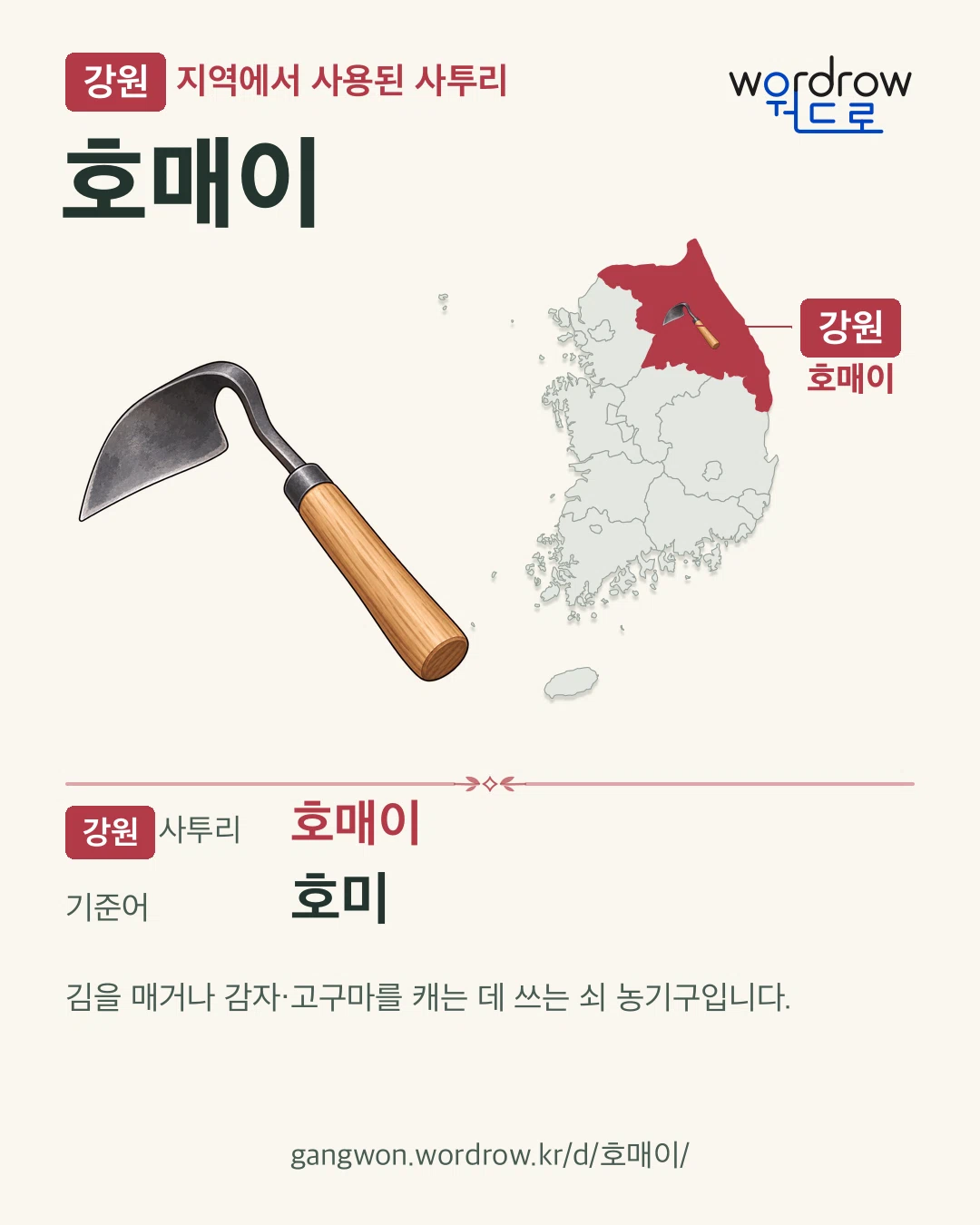 강원 지역에서 사용된 사투리 ‘호매이’. 기준어: 호미. 기록 지역을 표시한 카툰 삽화와 지도 카드.