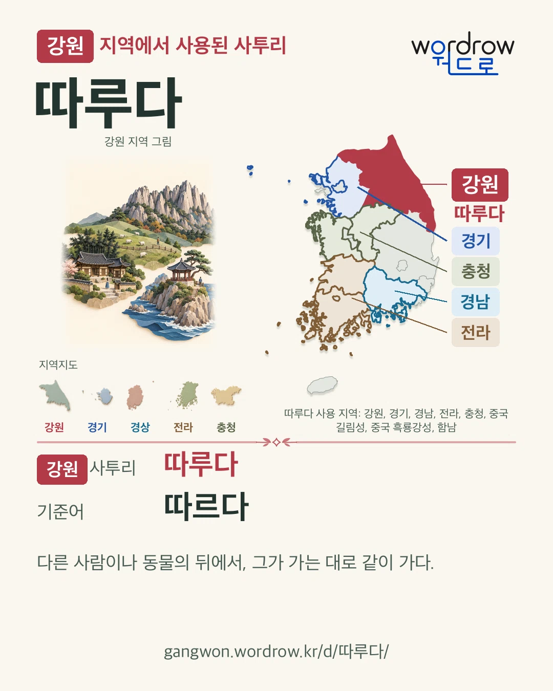 강원 지역에서 사용된 사투리 ‘따루다’. 기준어: 따르다. 기록 지역을 표시한 지역 그림과 지도 카드.